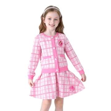 Disney Princess Ariel Toddler Girl Outfits - Pink Houndstooth Jacket & Skirt Set, Age 5-6
