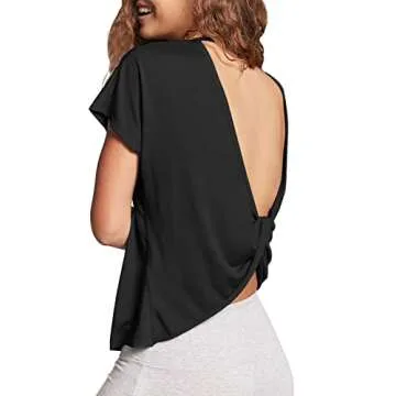 Mippo Workout Shirts Gym Tops Open Back Backless Top Athletic Gym Clothes Short Sleeve Work Out Tops for Women Black S