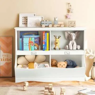Costzon Toy Storage Organizer, 4-Cubby Kids Bookshelf with Footboard and Name Card, Wooden Children'...
