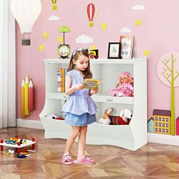 Costzon Toy Storage Organizer, 4-Cubby Kids Bookshelf with Footboard and Name Card, Wooden Children's Bookcase, Montessori Toy Shelf for Playroom, Bedroom, Daycare, Classroom (White)