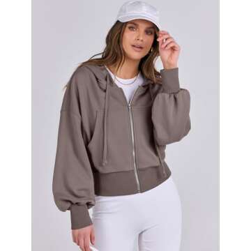 ANRABESS Women's Zip Up Hoodies Cropped Sweatshirts Casual Zip Jackets 2025 Fashion Trendy Spring Outfits Taupe Large