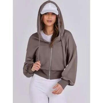 ANRABESS Women's Zip Up Hoodies Cropped Sweatshirts Casual Zip Jackets 2025 Fashion Trendy Spring Outfits Taupe Large