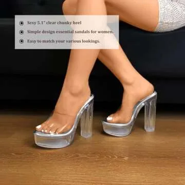 Fantoesay Women's Clear Platform Sandals Chunky Heel Mules Slip On Sandals for Women Prom Party Sandals Silver Size9