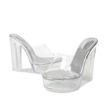 Fantoesay Women's Clear Platform Sandals Chunky Heel Mules Slip On Sandals for Women Prom Party Sandals Silver Size9