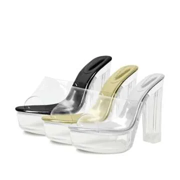Fantoesay Women's Clear Platform Sandals Chunky Heel Mules Slip On Sandals for Women Prom Party Sandals Silver Size9