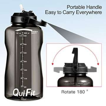 QuiFit Motivational Gallon Water Bottle - with Straw & Time Marker BPA Free 128 oz Large Water Jug Leak-Proof Durable for Fitness Outdoor Enthusiasts(Black,1 Gallon)