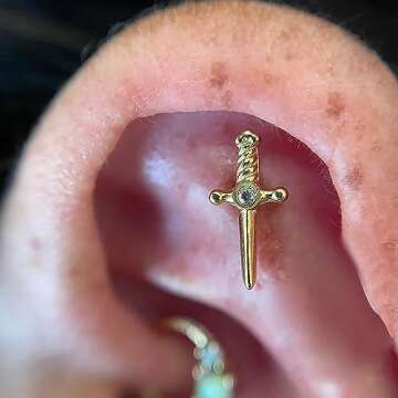 FINE4U Titanium Sword Piercing Jewelry for Conch, Tragus, Helix 16G 8mm - ASTM F136 Titanium Cartilage Earring, Implant Grade Hypoallergenic Flatback Stud, Labret Body Jewelry