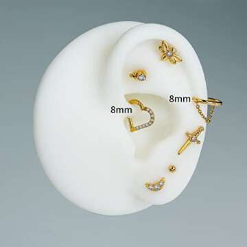 FINE4U Titanium Sword Piercing Jewelry for Conch, Tragus, Helix 16G 8mm - ASTM F136 Titanium Cartilage Earring, Implant Grade Hypoallergenic Flatback Stud, Labret Body Jewelry