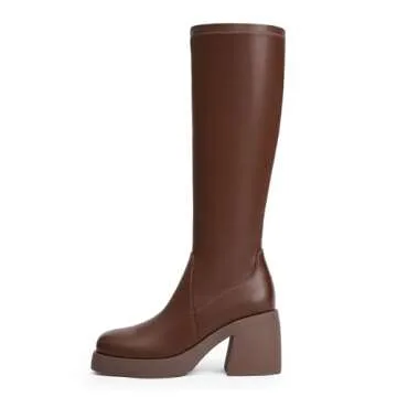 Easyfox Brown Elastic Boots Women Square Toe Platform Knee High Boots Chunky Heels Tall Boots 2024 F...