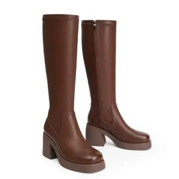 Easyfox Brown Elastic Boots Women Square Toe Platform Knee High Boots Chunky Heels Tall Boots 2024 Fall Stretchy Boots Size 8