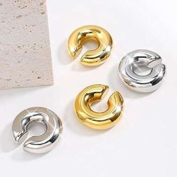 Gold and Silver Ear Cuff Earrings for Women Gifts Trendy Stuff Chunky Ear Cuffs Non Piercing Clip On...