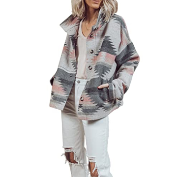 Heltapy Women's Aztec Shacket Vintage Boho Wool Blend Coat