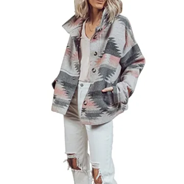 Heltapy Women's Aztec Shacket Vintage Boho Wool Blend Coat