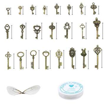 46 PCS Antique Bronze Vintage Skeleton Keys Charms Potter Flying Keys Enchanted Key with 50 Pairs Dr...