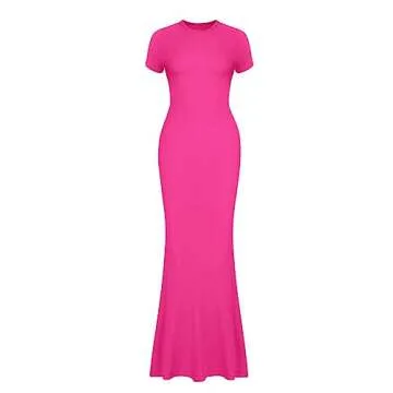 REORIA Women's Summer Sexy Casual Lounge Long Dress Elegant Wedding Guest Short Sleeve Crew Neck Bodycon Maxi Dresses Rose Red X-Small