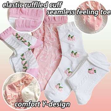 CHUNFO Cute Pink White Floral Women Ankle Sock Stripe Lettuce Trim Knitted Comfy Embroidered Girl Sock Gift 4 & More Pairs