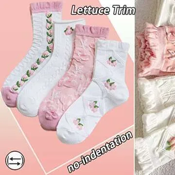 CHUNFO Cute Pink White Floral Women Ankle Sock Stripe Lettuce Trim Knitted Comfy Embroidered Girl Sock Gift 4 & More Pairs