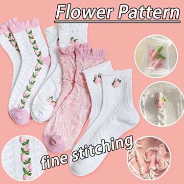 CHUNFO Cute Pink White Floral Women Ankle Sock Stripe Lettuce Trim Knitted Comfy Embroidered Girl Sock Gift 4 & More Pairs