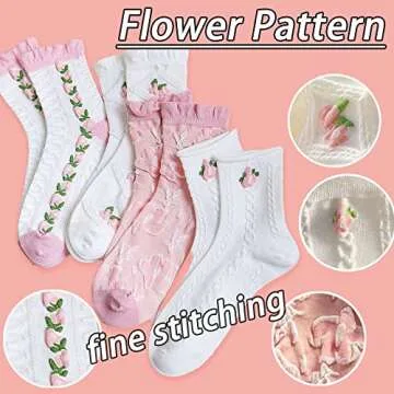 CHUNFO Cute Pink White Floral Women Ankle Sock Stripe Lettuce Trim Knitted Comfy Embroidered Girl Sock Gift 4 & More Pairs