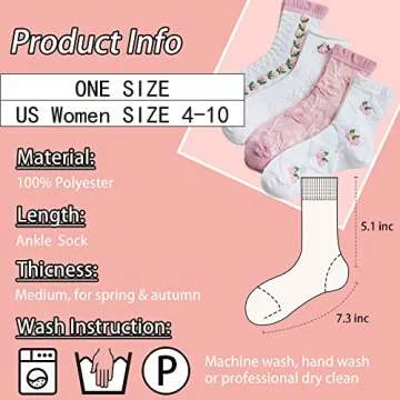CHUNFO Cute Pink White Floral Women Ankle Sock Stripe Lettuce Trim Knitted Comfy Embroidered Girl Sock Gift 4 & More Pairs
