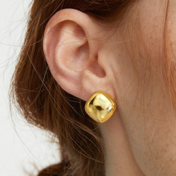Awinesn Chunky Gold Earrings for Women Trendy Gold Statement Drop Stud Earrings Dainty Thick Stud Earrings Hypoallergenic 14K Gold Plated Square Heart Geometric Earrings Jewelry Gifts for Women