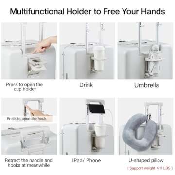 Hanke 24 Inch Checked Luggage,Top Opening Hard Shell Suitcases with Wheels,Hard Case Travel Luggage with TSA Lock and Cup Holder,Smoke White