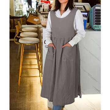 losofar Women Plus Size Cotton Linen Vintage Pleated Split Apron Pinafore Dress with Two Pockets (Da...