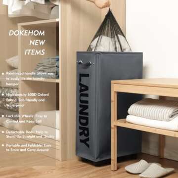 DOKEHOM 29-Inches Enlarged Slim Laundry Basket with Removable Wash Bag on Wheels, Collapsible Rollin...