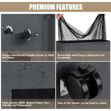 DOKEHOM 29-Inches Enlarged Slim Laundry Basket with Removable Wash Bag on Wheels, Collapsible Rolling Laundry Hamper, Foldable Narrow Corner Clothes Storage Bins (Dark Grey)