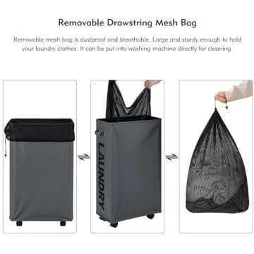 DOKEHOM 29-Inches Enlarged Slim Laundry Basket with Removable Wash Bag on Wheels, Collapsible Rolling Laundry Hamper, Foldable Narrow Corner Clothes Storage Bins (Dark Grey)