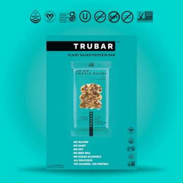 TRUBAR Vegan Protein Bar, Oh Oh Cookie Dough, Gluten Free, Plant Based, High Fiber, Dairy Free, Low Fat, Non GMO, No Sugar Alcohols, 12G Lean Protein, 13G Fiber, Healthy Snack Bars, 12 CT