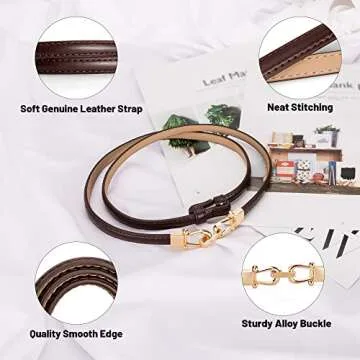 macoking Womens Thin Belt Adjustable Skinny Leather Belts for Dresses, Black&Coffee