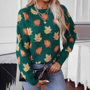 Women's Casual Maple Leaf Print Crewneck Knit Sweater 2041 Fall Winter Fashion Long Sleeve Graphic L...