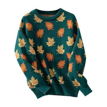 Women's Casual Maple Leaf Print Crewneck Knit Sweater 2041 Fall Winter Fashion Long Sleeve Graphic Loose Jumpers Tops Green