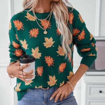 Women's Casual Maple Leaf Print Crewneck Knit Sweater 2041 Fall Winter Fashion Long Sleeve Graphic Loose Jumpers Tops Green