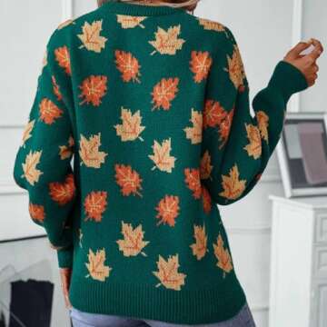 Women's Casual Maple Leaf Print Crewneck Knit Sweater 2041 Fall Winter Fashion Long Sleeve Graphic Loose Jumpers Tops Green