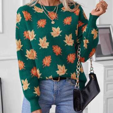 Women's Casual Maple Leaf Print Crewneck Knit Sweater 2041 Fall Winter Fashion Long Sleeve Graphic Loose Jumpers Tops Green