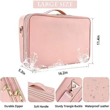 JOURMON Makeup Case Travel Makeup Train Case Organizer Cosmetic Bag Portable with Adjustable Dividers and Shoulder Strap for Makeup Brushes Toiletry Travel Accessories(Pink, L)