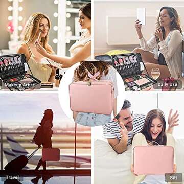 JOURMON Makeup Case Travel Makeup Train Case Organizer Cosmetic Bag Portable with Adjustable Dividers and Shoulder Strap for Makeup Brushes Toiletry Travel Accessories(Pink, L)
