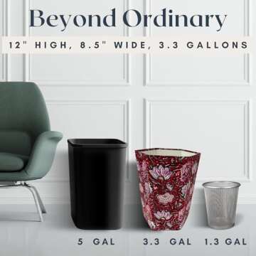 Fern Trail 3.3 Gallon Waste Basket | Small Decorative Block Printed Trash Can | Living Room, Bedroom...