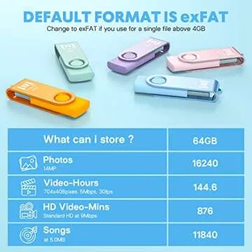 MOSDART 64GB USB2.0 Flash Drive, with Keychain Loop, Swivel Design with LED Light, exFAT Memory Stick for Computers, System Backup, Data Storage, Pastel Color(Pack of 5)