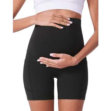 POSHDIVAH Maternity Shorts for Women Over Belly Biker Workout Yoga Active Summer Pregnancy Running Short Leggings Black 5" Medium