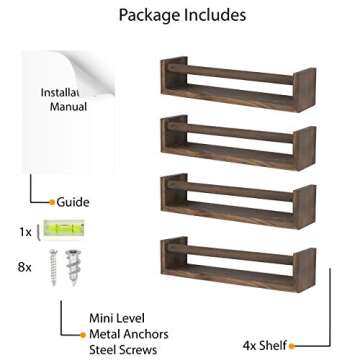 Wallniture Utah Nursery Bookshelf Set of 4, Floating Shelves for Kids Room Decor, Wood Wall Shelves (Burnt Wash Brown)