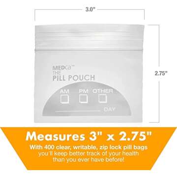 Pill Pouch Bags - (Pack of 400) 3" x 2.75" - BPA-Free, Poly Bag Disposable Zipper Pills Baggies, Daily AM PM Travel Medicine Organizer Storage Pouches, Best Clear Reusable with Write-on Labels