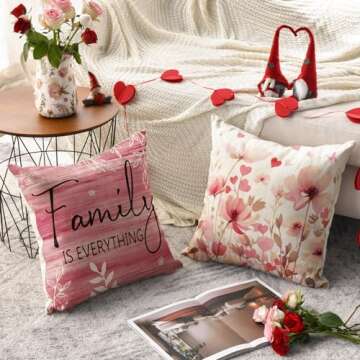 AVOIN colorlife Valentine's Day Poppy Flowers Chickadee Home Sweet Home Throw Pillow Covers, 18 x 18 Pink Family is Everything Wedding Cushion Case Decoration for Sofa Couch Set of 4