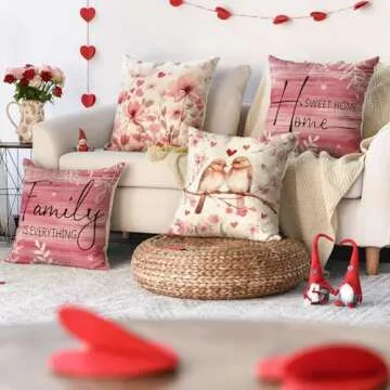 AVOIN colorlife Valentine's Day Poppy Flowers Chickadee Home Sweet Home Throw Pillow Covers, 18 x 18 Pink Family is Everything Wedding Cushion Case Decoration for Sofa Couch Set of 4