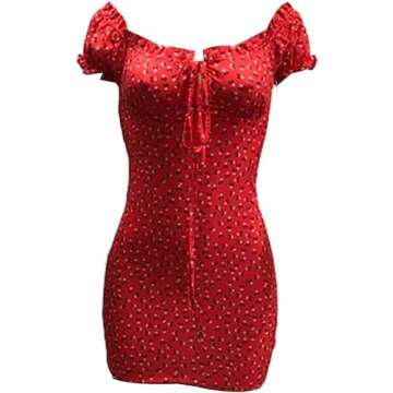 shaopan66,Women Floral Mini Ruffle Short Sleeve Tie Front Bodycon Dress Sexy Wrap Pencil Dress for Party Club(Red,S),Small