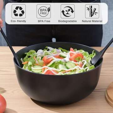 GEHE Bamboo Fiber Salad Bowl with Servers Set - Large 9.8 inches mixing bowls Solid Bamboo Salad Woo...