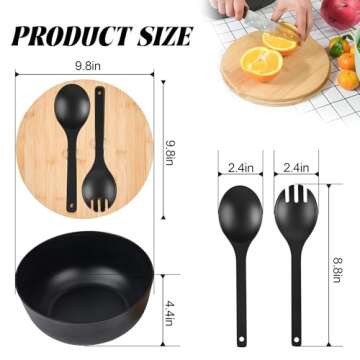 GEHE Bamboo Fiber Salad Bowl with Servers Set - Large 9.8 inches mixing bowls Solid Bamboo Salad Wooden Bowl with Bamboo Lid Spoon for Fruits,Salads and Decoration (Black, 9.8INCH)