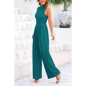 PRETTYGARDEN Womens Summer Jumpsuits Dressy Casual One Piece Outfits Sleeveless Mock Neck Wide Leg Pants Rompers with Pockets (Blue Green,Medium)